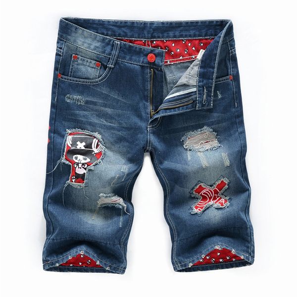 

патч дырка джинсы мужские брюки тонкий молодежный прилив мужские фланцевые пятиточечные джинсы, Blue
