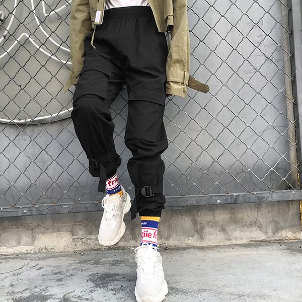 

2019 elastic high waist pants for women pantalon long trousers cool women casual cargo pants femme harme black streetwear, Black;white