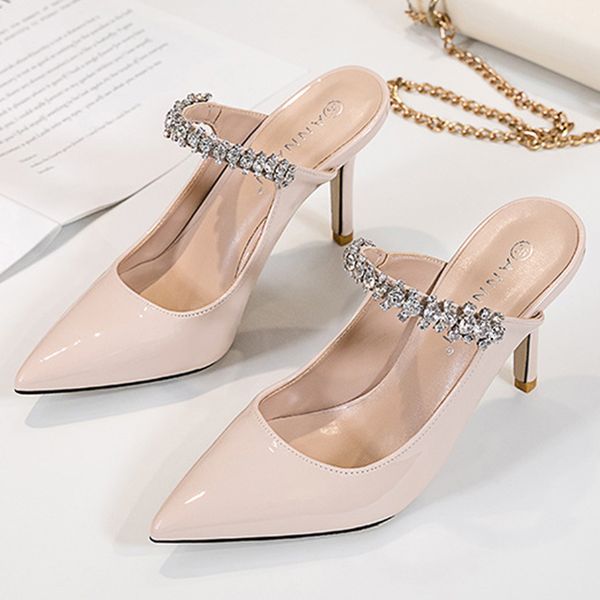 

rhinestones band slingback patent leather pumps women slip on pointed toe footwear femm crystal stiletto high heels shoes woman, Black