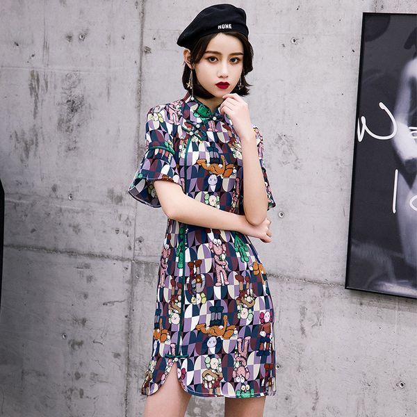 

new arrival chinese dress cheongsam qipao modern cartoon print evening dress oriental satin silky daily qipao cheongsam, Red