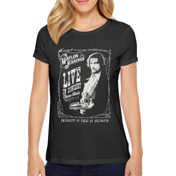 

fashion womens waylon jennings live texas hall black round neck t shirt design hip hop shirts logo black in concert cash hank word gun, White
