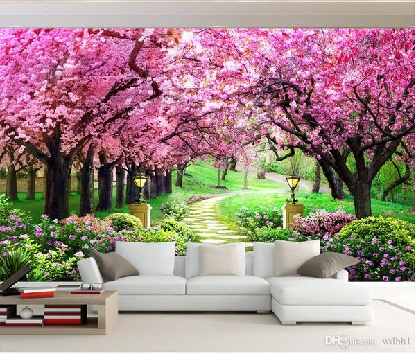 

3d room wallpaper cloth custom p cherry blossom forest garden path painting wallpaper for walls 3 d print fabric wall covering