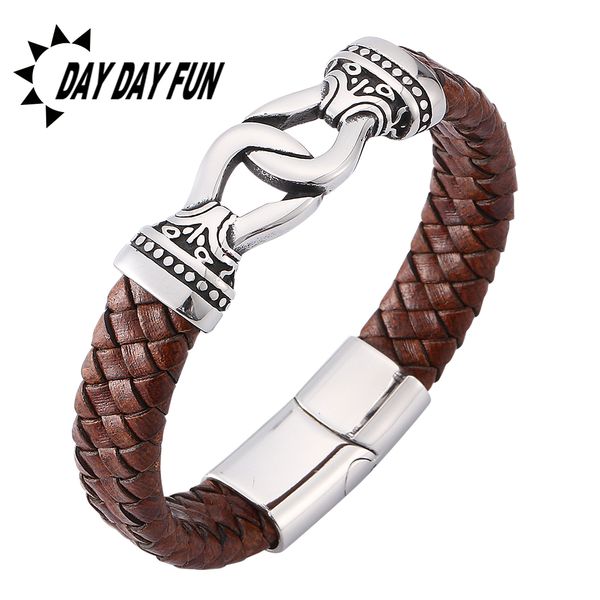 

brown braided leather charm bracelet men fashion jewelry stainless steel magnet buckle male leather bangle gifts e0170, White