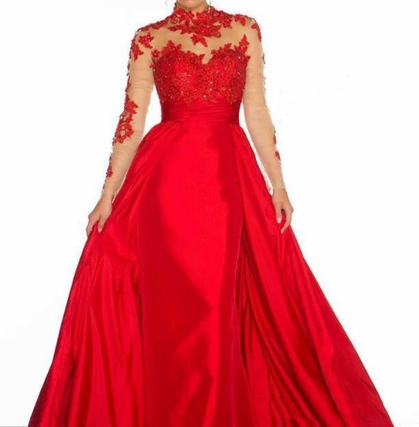 Sheer vestidos de baile vermelho longo laço de renda alta tafetá tafetá A-linha applique manga backless formal vestidos de noite novo personalizado