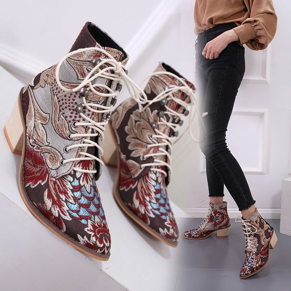 

women ankle boots leather high heels boots female casual vintage winter pointed toe embroider women shoes botas mujer, Black