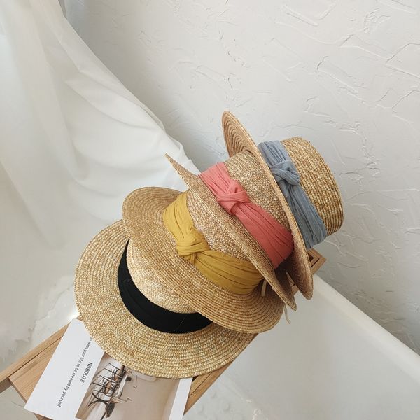 

2020 chiffon pleated ribbon cap straw flat cap straw hat ins wind female summer seaside vacation sunshade flat hat, Blue;gray