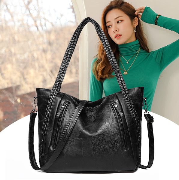 

new soft leather large pocket casual handbag women's handbag shoulder bag large capacity black brown