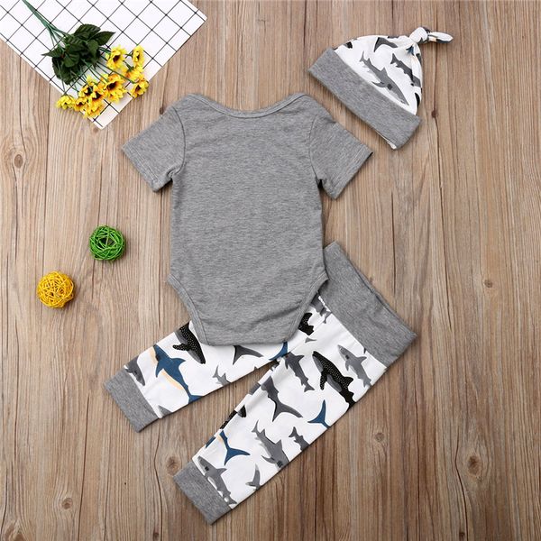 

summer baby boy girls cotton shark outfits set newborn print romper bodysuit+pants shorts hat 3pcs children sunsuit set, White