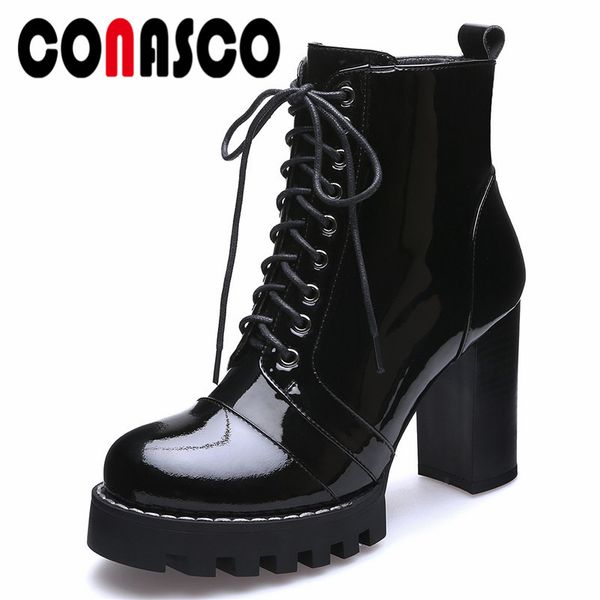 

conasco women ankle boots 2019 winter shoes chunky heels women's boots zipper round toe brand shoes woman motorcycle, Black