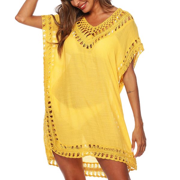 

newly women bikini swimsuit cover summer boho v-neck kaftan tunic hollow loose beach dress, Blue;gray