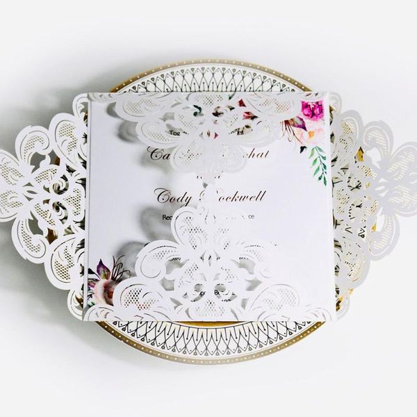 

new 10pcs wedding invitations elegant engagement white hollow laser cut wedding invitation card with ribbon envelope seals