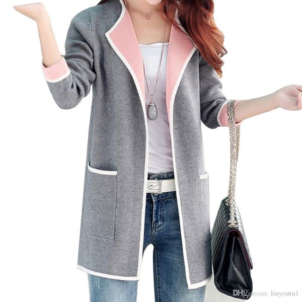 

длинные свитера 2017 женщины новой осень всего матч лоскутного полный рукав тонкий карманный вязаные свитера кардиган -xxxl свободная перев, White;black