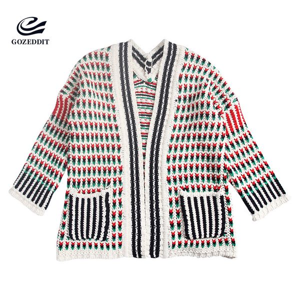 

gozeddit ручной вязки женщины шерстяной свитер v-образным вырезом кардиган нерегулярный лоскутная, White