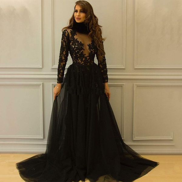 

yousef aljasmi evening dresses wear 2019 mermaid prom dresses with long sleeves high neck detachable overskirt dubai arabic party gowns, Black;red