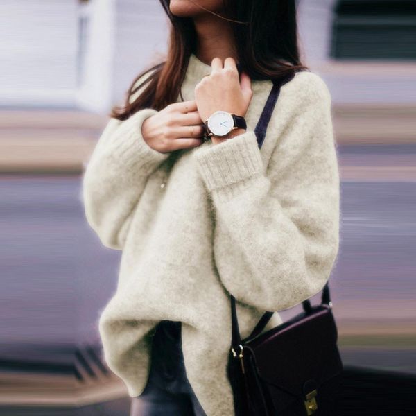 

womens pullover knitted sweater long sleeve solid sweater casual loose knitwear autumn 2019 blusas de inverno feminina #7, White;black