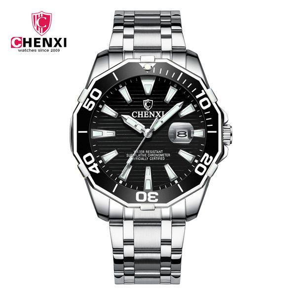 

luxury chenxi business men watch silver stainless steel black casual watch for men big dial waterproof fashion dress wristwatch, Slivery;brown