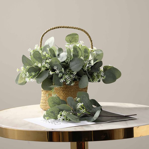 

artificial green oval eucalyptus with fruit branch green grass plant flower home wedding shop decoration