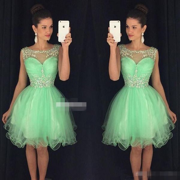 

mint green short homecoming dresses luxury beading sheer scoop neck tulle mini graduation party cocktail ball gown custom made, Blue;pink