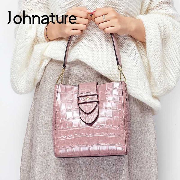 

johnature fashion women handbag 2020 new genuine leather bucket bag luxury alligator cowhide female shoulder messenger bags