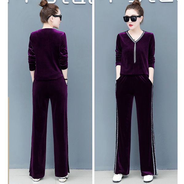 

women's two piece pants gold velve plus size 3xl women suit 2021 casual fashion solid v-neck + wide-leg pants2 set female clothing sets, White