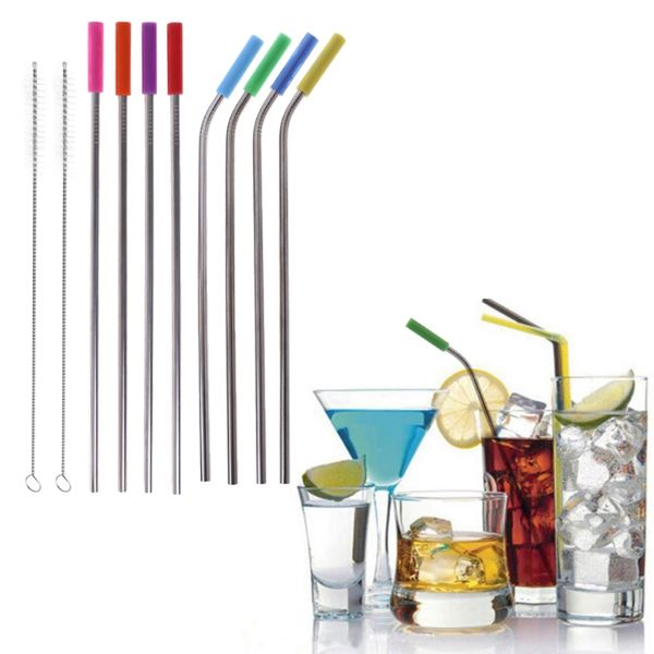 

new arrival 8pcs curved/ straight stainless steel metal drinking straw reusable with 2 cleaner brush kit tool