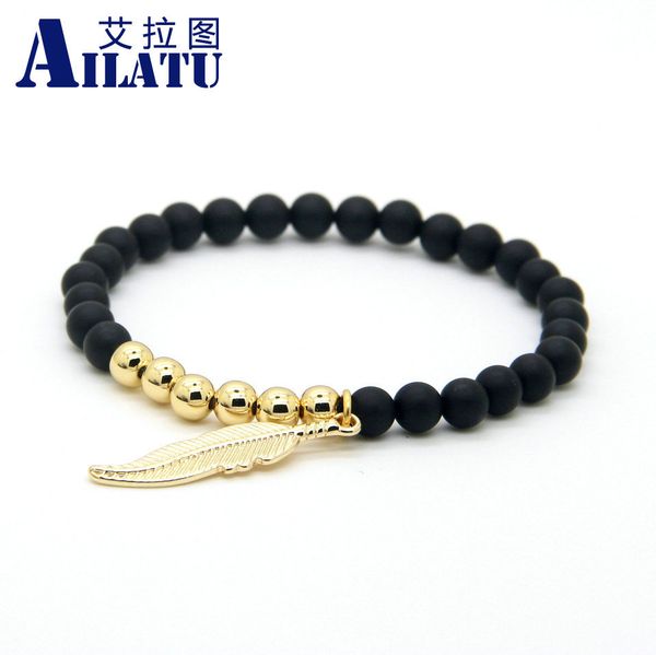 

ailatu new design jewelry wholesale 6mm natural matte onyx stone advanced plated leaf charms lucky bracelets, Golden;silver