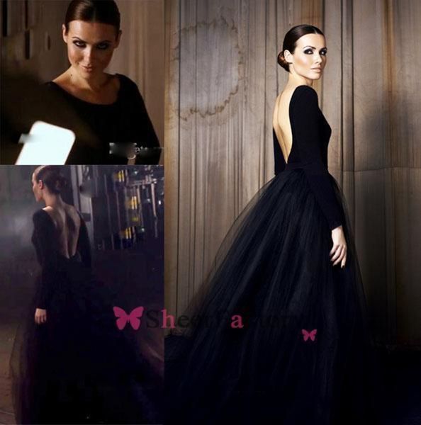

new gothic prom dresses scoop neck long sleeves backless tulle black floor length ball gown mysterious fashion evening gowns party dress