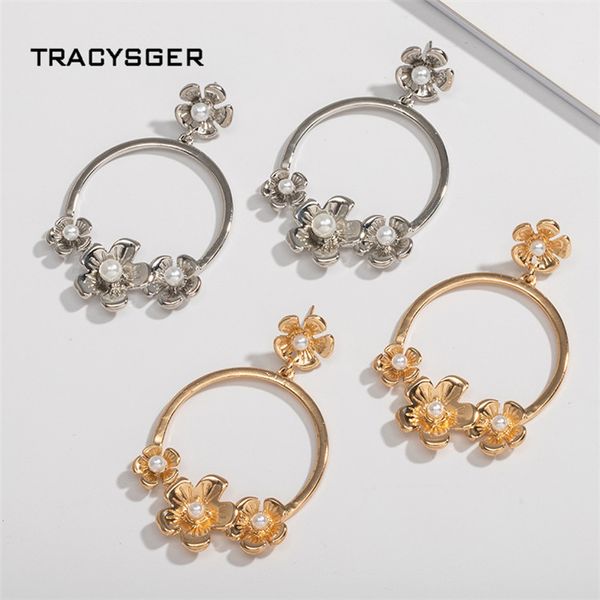 

ah-er84783 / tracysger / 2019 новый простой жемчужина цветок серьги, Golden;silver