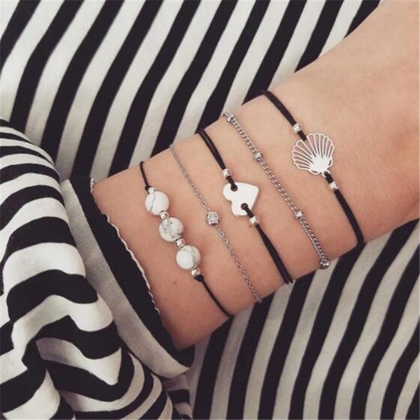 

ahmed 5pcs/set handmade rhinestone stone heart shell bracelet sets for women new vintage black rope bracelets christmas gifts