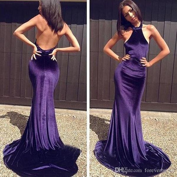 Sexy Roxo Sereia Prom Vestidos Jóia Pescoço Backless Chão Comprimento Plisses Veludo Vestido Formal Vestidos De Noite Vestidos de Noiva