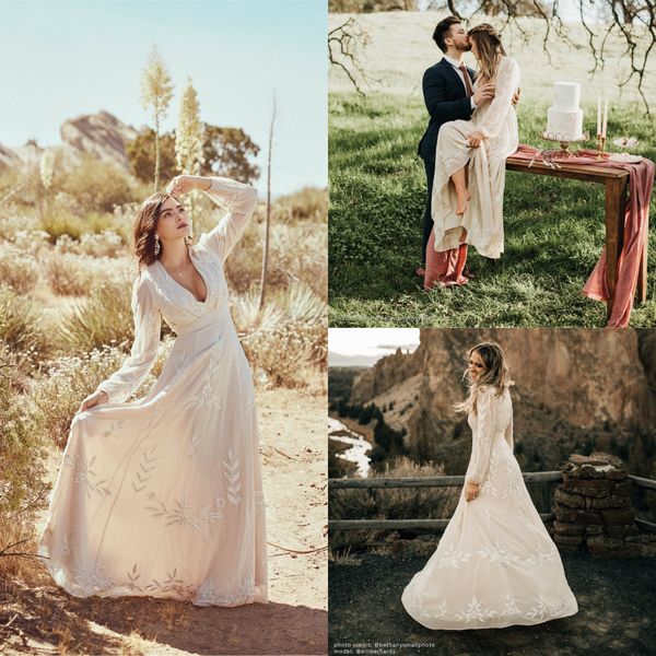 

2019 bhldn bohemian wedding dresses v neck lace appliques a line wedding dress floor length long sleeve beaded boho bridal gowns, White