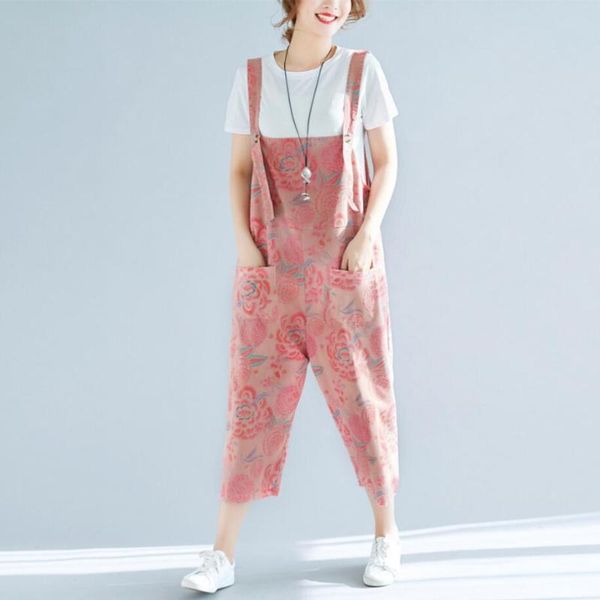 

2020 spring jumpsuits loose pants women oversized casual print floral pink girls overalls trousers r323, Black;white