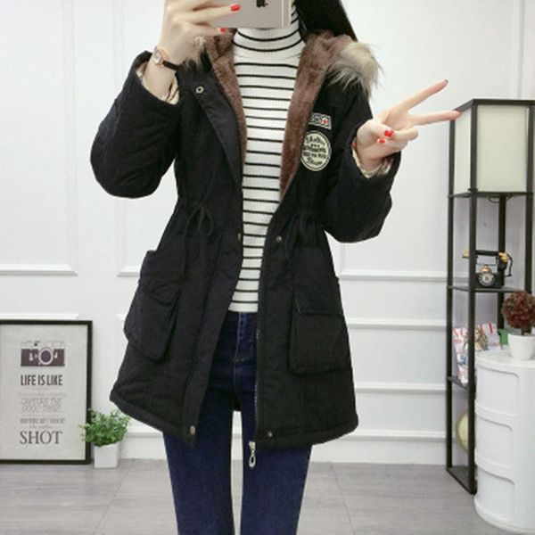 

thicken women new winter warm coat female autumn hooded cotton fur plus size basic jacket outerwear slim long ladies coat zx1306, Black