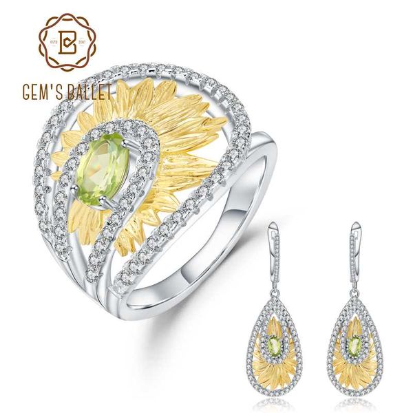 

gem's ballet original 925 sterling silver ring earrings sets 1.89ct natural peridot gemstone sunflower jewelry set for women, Black