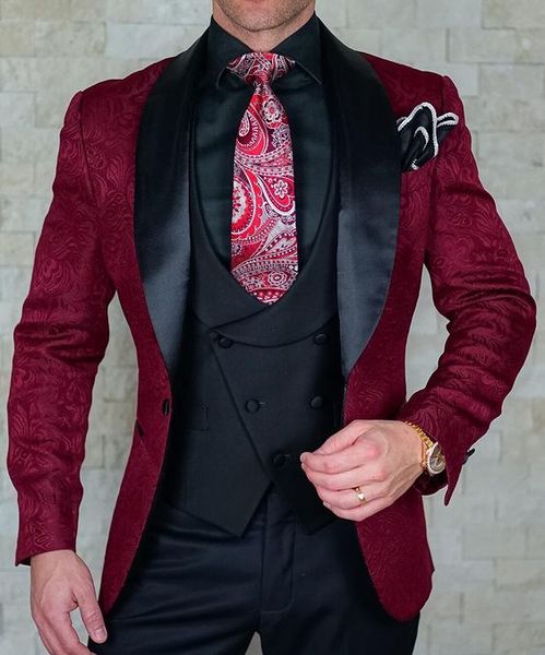 

elegant 3 piece men suit 2020 morning dinner party prom suit burgundy groom wedding men tuxedo slim fit man blazer, White;black