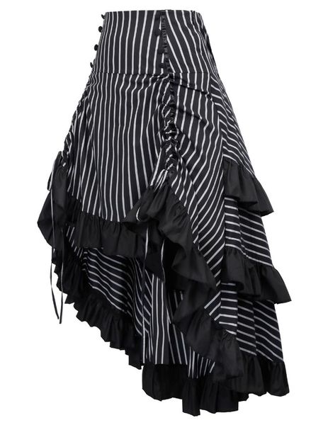 

women's bow-knot striped gathered steampunk vintage style high-low skirt plus, Black