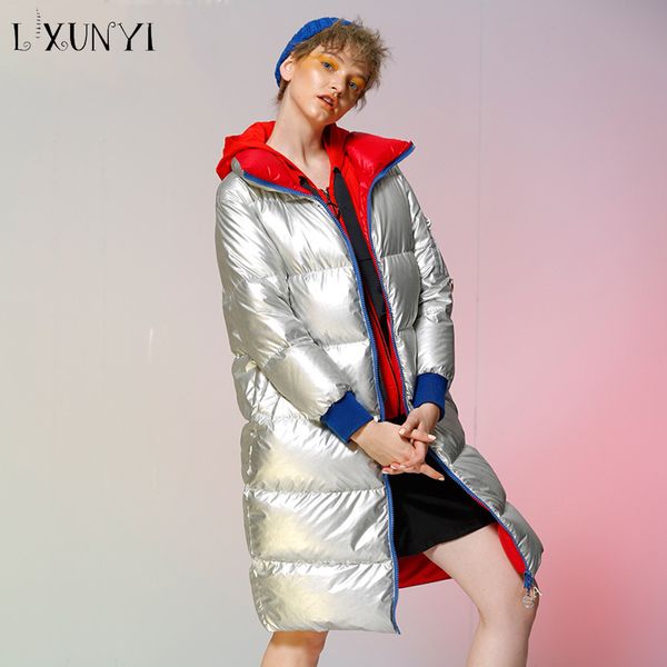 

lxunyi 2018 new winter coat women long zipper stand collar straight female jacket warm silver gray pockets jackets for women, Black