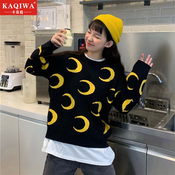 

plus-size loose knit sweater new fall/winter 2019 ladies jacquard moon flower pattern tie-dye moon tie-dye printing pullover top, White;black