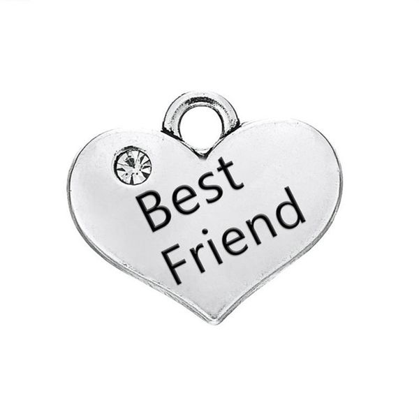 

10pcs/lot charm pendants heart antique silver color "friend" message carved clear rhinestone, Bronze;silver