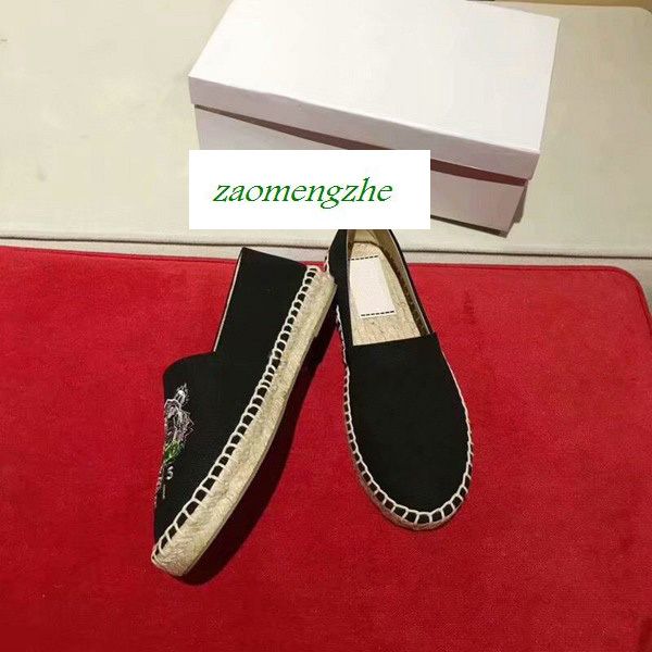 

couple shoes with tiger head single shoes embroidered straw shoes with box, Black