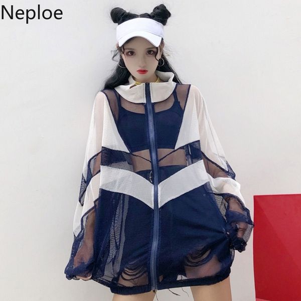 

neploe korean loose casual sun protection jackets turtleneck patchwork full sleeve denim jacket zipper jacket 45438, Black;brown