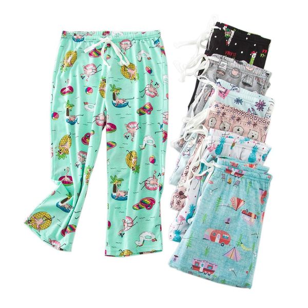 

plus size fresh cartoon home cropped trousers women summer loose pants cozy women sweet sleep bottoms sleepwear trousers, Black;red