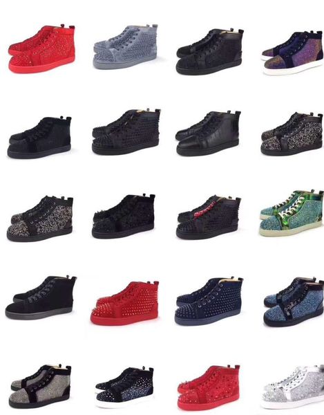 

version red bottom designer shoes high cut spike leather sedue calf sneaker luxury party wedding shoes genuine leather running shoes, Black