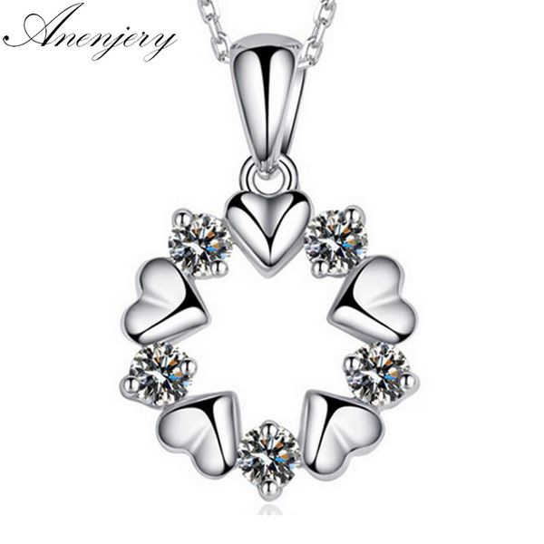 

anenjery 925 sterling silver jewelry love heart zircon flower pendant neckace for women gift 45cm chain choker collares s-n153