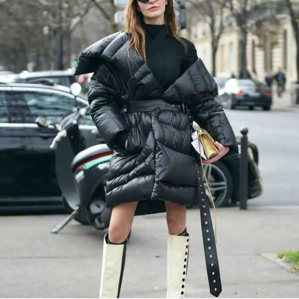 

ewq] 2019 winter fashion new long sleeve black asymmetrical patchwork adjustable waist streetwear warm coat women ac74901