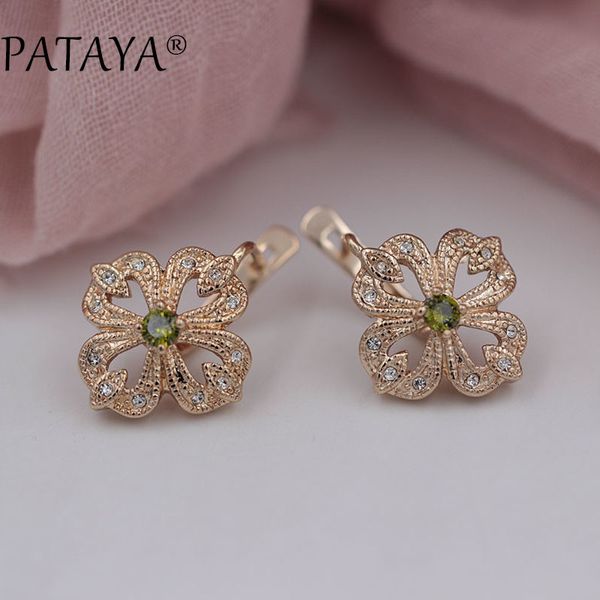 

pataya vintage four flower 585 rose gold drop earrings round olive green natural zirconia earrings bohemian wedding jewelry, Silver