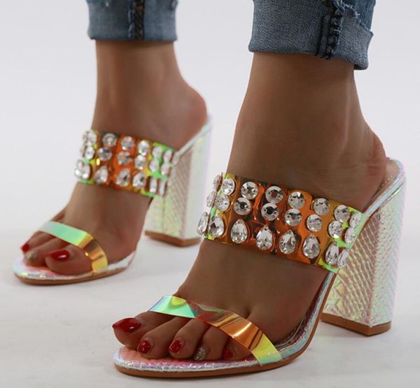 

women's open toe slipper square high heel bling slippers casual beach walk shoes transparent heel sandals slippers pumps, Black