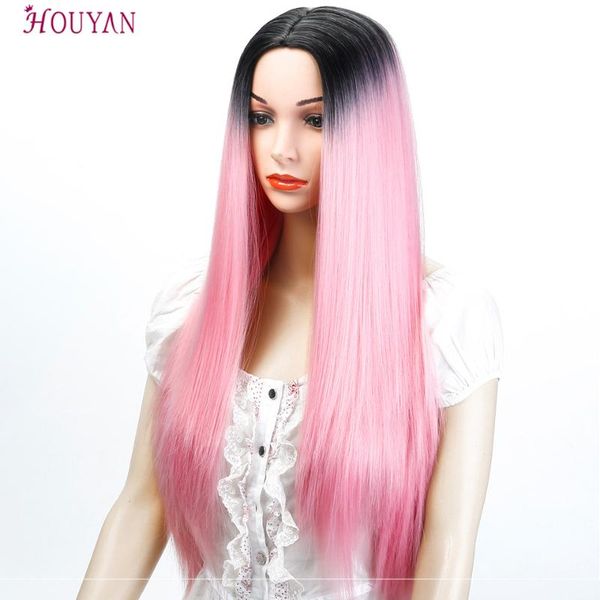 

houyan 24inches straight layered cosplay platinum blonde gray ash full neat sleek synthetic wigs fake hair, Black