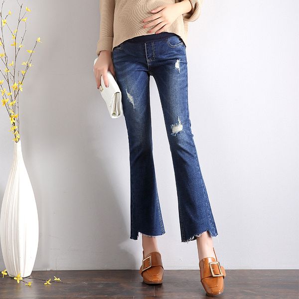 

high waist distressed maternity wear bootcut denim jeans pregnant women elastic waist flare ripped cropped mom jeans, Blue