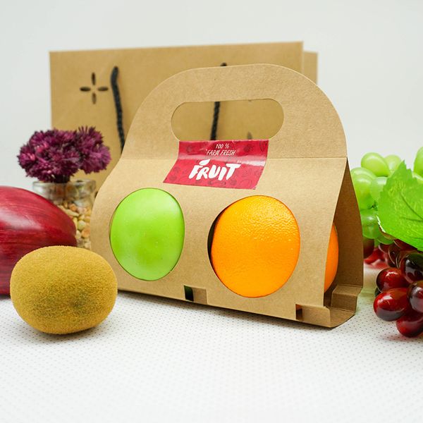 

kraft paper fruit packing boxes with handle portable disposable fruit container single double fruit take-out gift box
